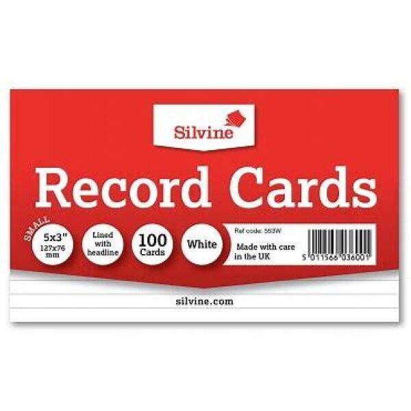 Silvine Record Cards 5x3 White Lined - Pack of 100